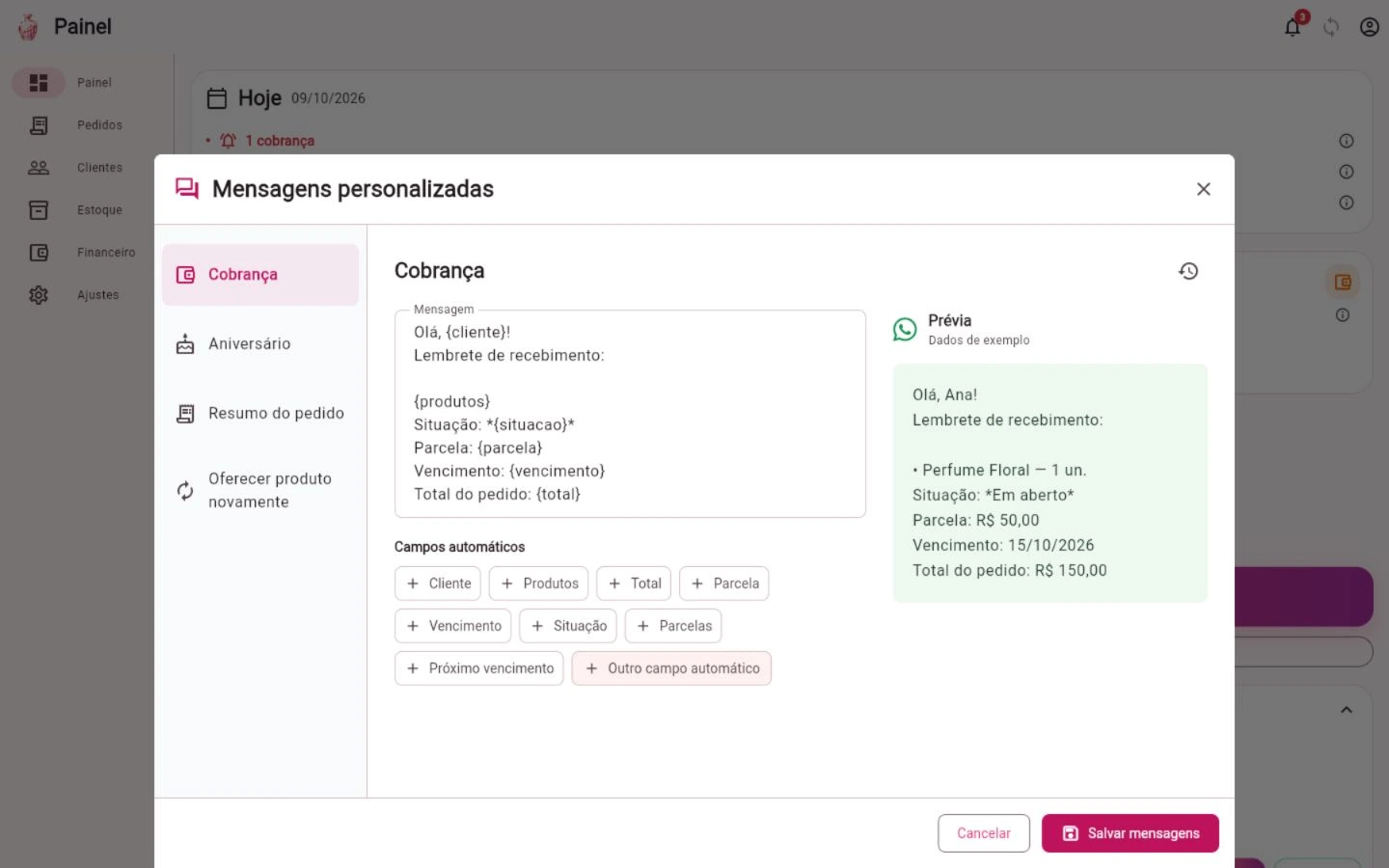 Editor real de Mensagens personalizadas do BellaVenda com campos automáticos e prévia; dados fictícios.