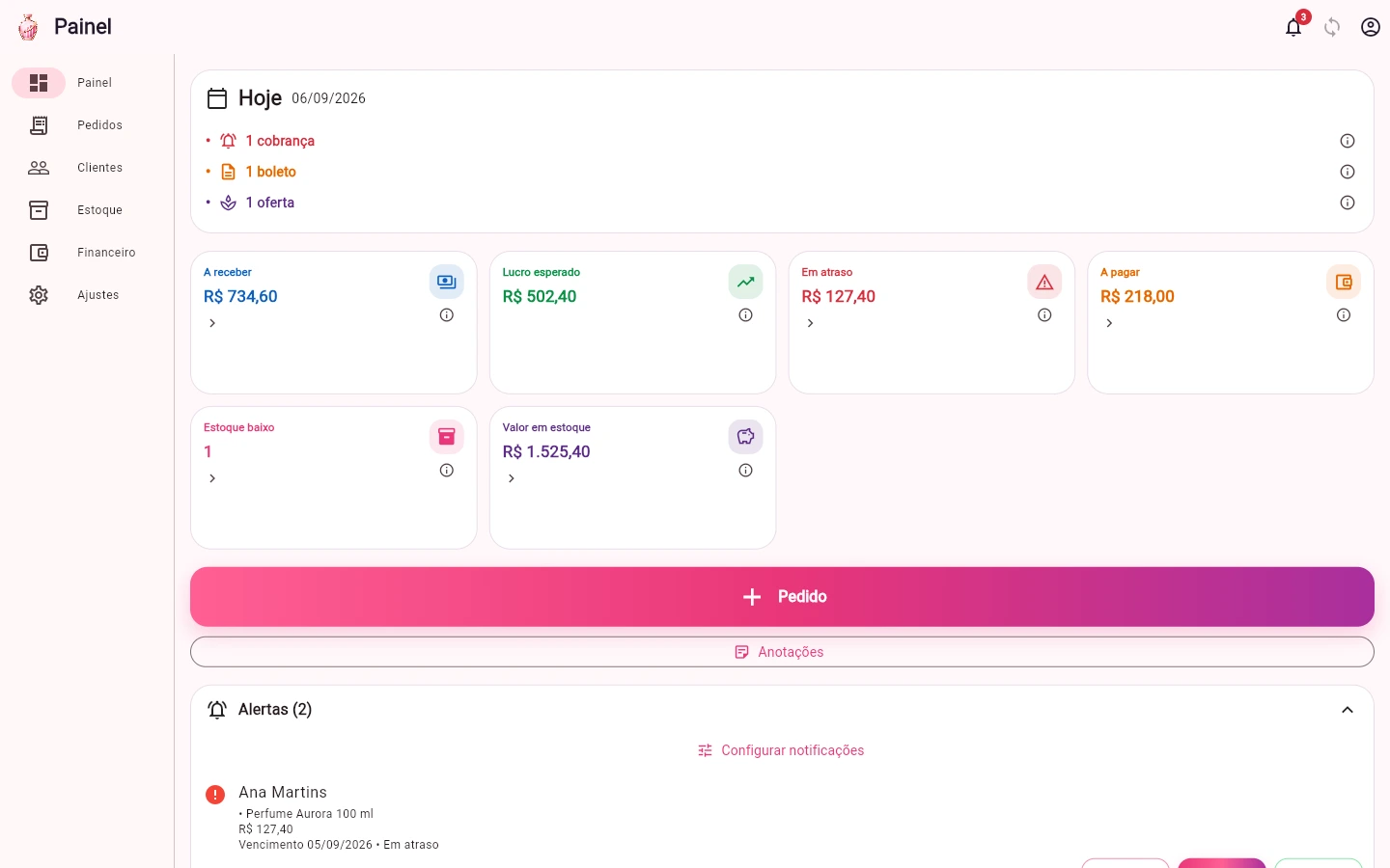 Painel real do BellaVenda com pedidos, recebimentos e estoque; dados fictícios.